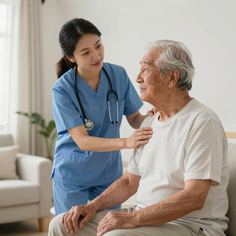 A compassionate North American caregiver assisting a senior with their morning routine in a well-lit, off-white home interior.