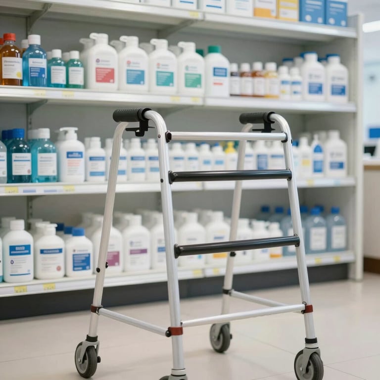 A high-quality walker and medical supplies neatly arranged in a clean, professional North American home care showroom.