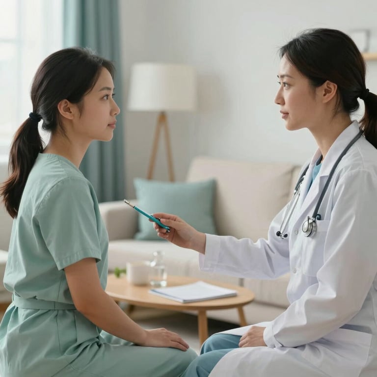 A healthcare provider performing a Medicare-covered wellness check in a comfortable home environment with light teal and off-white decor.