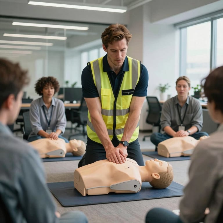 A professional safety instructor leading a CPR training session for a small group in a modern US office space.