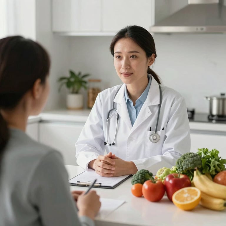 A nutrition therapist discussing healthy weight counseling with a client, featuring fresh produce in a bright kitchen setting.