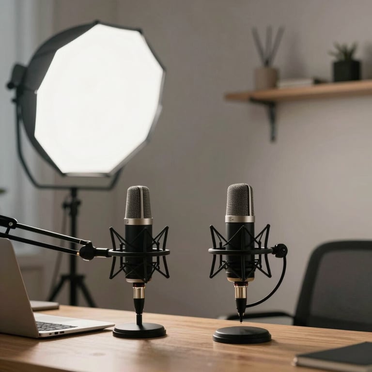 A content creator in a minimalist home office with professional microphones and soft white lighting.