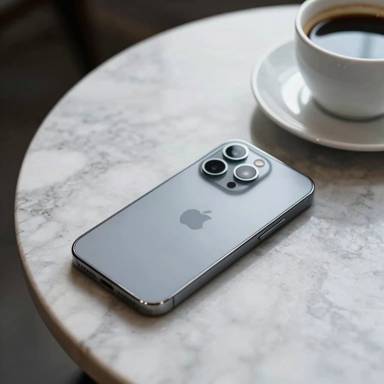 A lifestyle shot of a high-tech smartphone on a marble table next to a coffee cup, clean aesthetic.