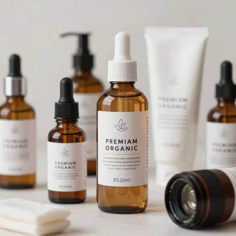 A close-up of premium organic skincare products being used in a bright, spa-like studio.