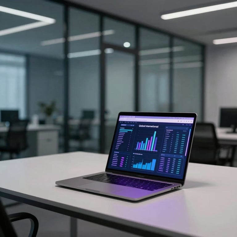A high-end, minimal agency workspace in a sleek glass-walled office at night, featuring a single laptop displaying marketing analytics with a soft purple and blue ambient glow, Global / International.