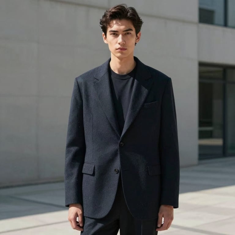 Editorial fashion photography of a model in a minimal urban setting, sharp lighting, Global / International.