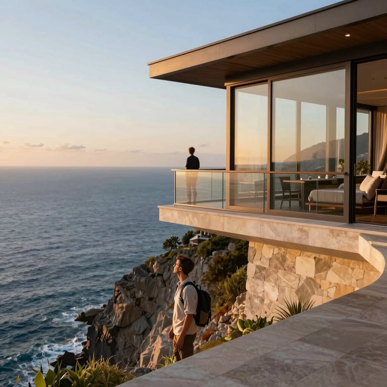 A luxury traveler at a modern cliffside hotel overlooking a blue ocean, sunset lighting.