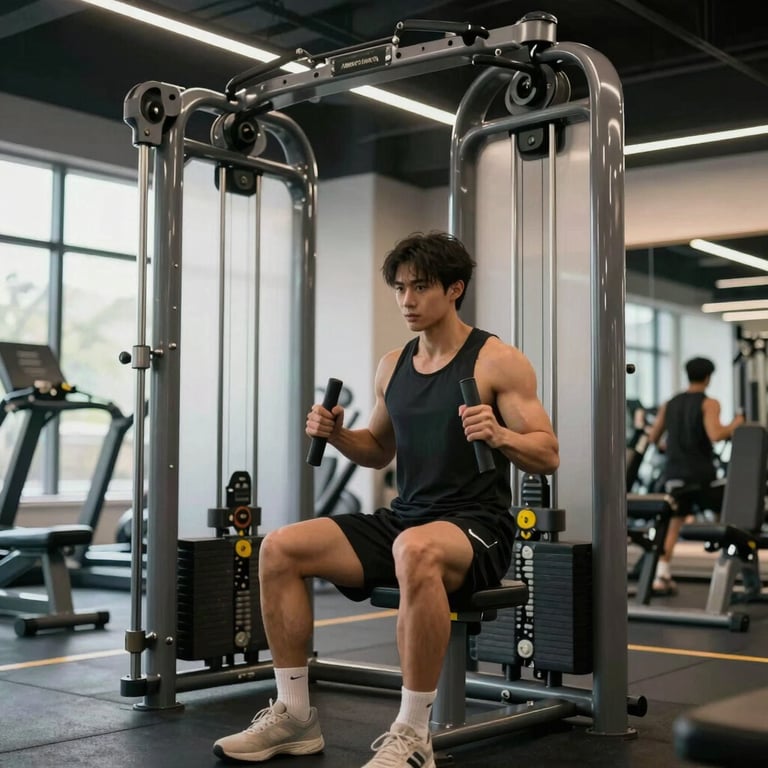 Cinematic shot of an athlete in a modern gym using high-end gear, focused lighting.