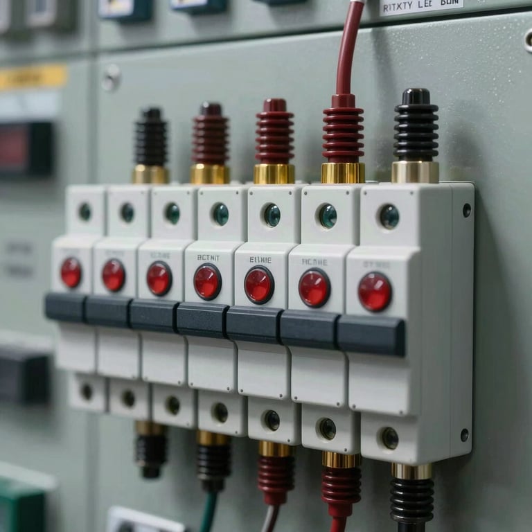 Close-up of high-voltage switches and indicators on a professional control board, conveying reliability and innovation.