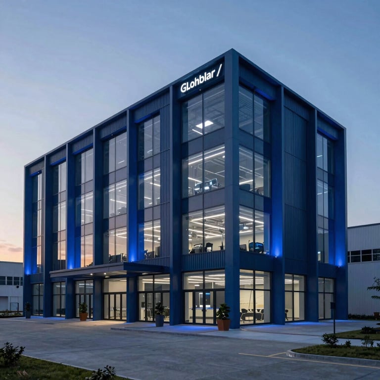 The exterior of a sleek, modern industrial tech hub at dusk, illuminated with deep blue architectural lighting, Global / Industrial.