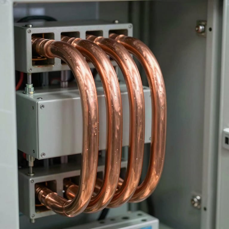 Detailed view of custom-fabricated copper busbars inside a heavy-duty industrial electrical cabinet, bright and clear lighting.