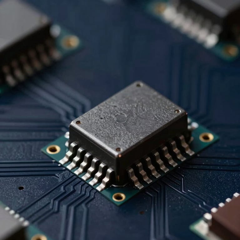 A macro photograph of high-precision electrical circuitry on a dark navy background, Global / Industrial style.