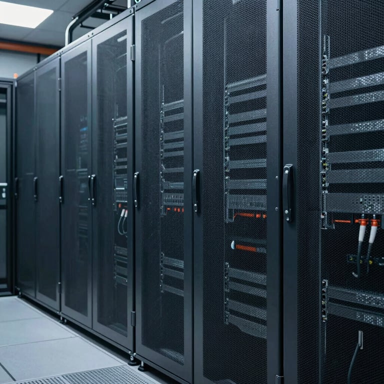 A professional shot of a large-scale power distribution unit in a modern server farm, featuring grey-blue metallic finishes.