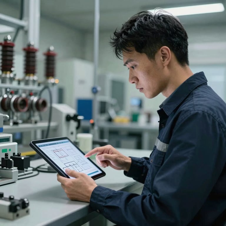 An industrial electrical engineer reviewing digital schematics on a tablet within a clean, tech-oriented manufacturing plant.