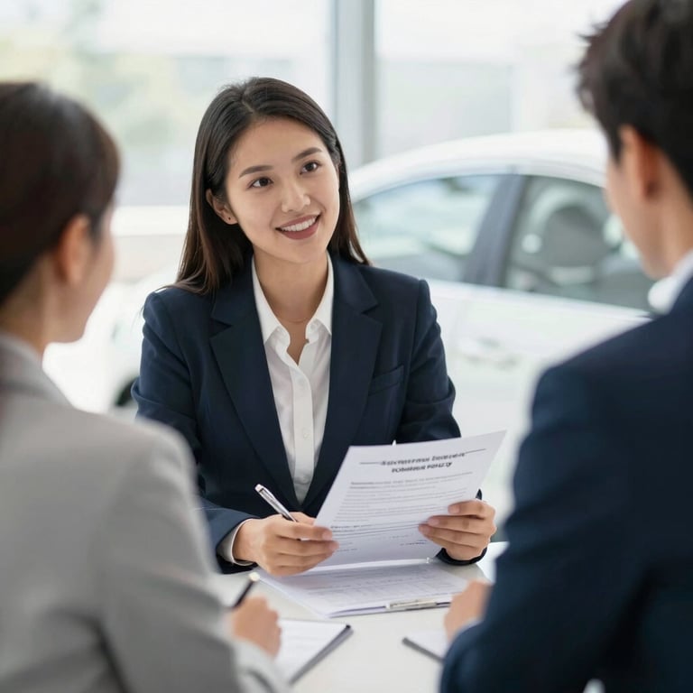 Professional business consultation in bright natural daylight, a Spanish-speaking agent explaining commercial auto policy options to a client, shallow depth of field, high-contrast corporate tones.