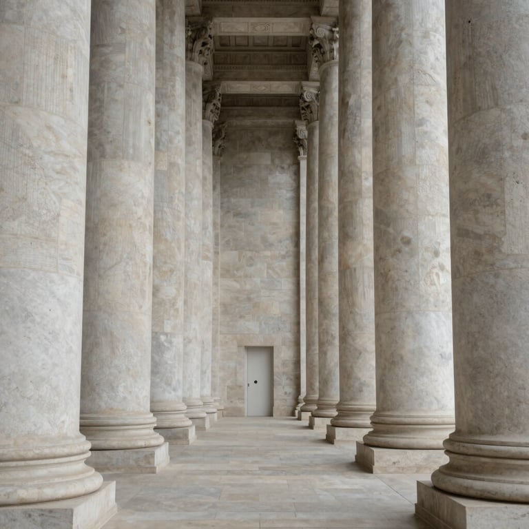 Symmetrical architectural view of the high court stone columns under soft diffused daylight, clean lines, minimalist framing