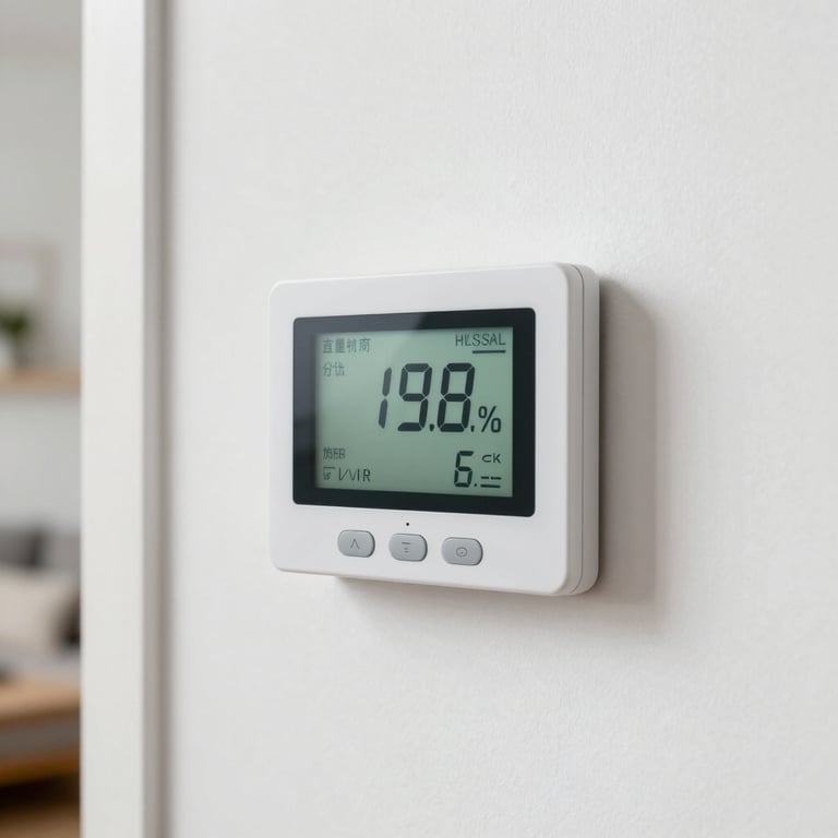 A modern digital thermostat mounted on a clean white wall in a North American / US living room, showing comfortable settings.