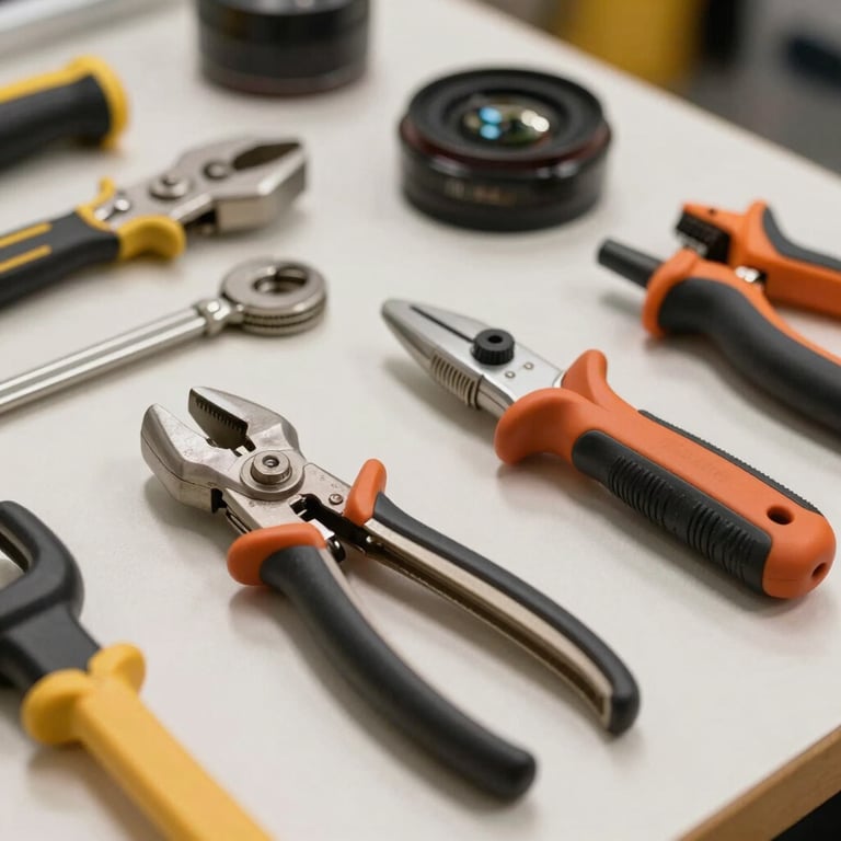 A close-up of high-quality HVAC tools neatly arranged on a soft off-white surface in a North American / US workshop.