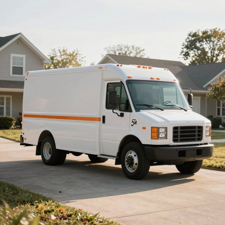 A branded service truck parked in a quiet North American / US suburban driveway during a bright morning.