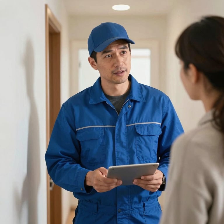 A professional HVAC technician in a steel blue uniform speaking with a customer in a North American / US residential hallway.