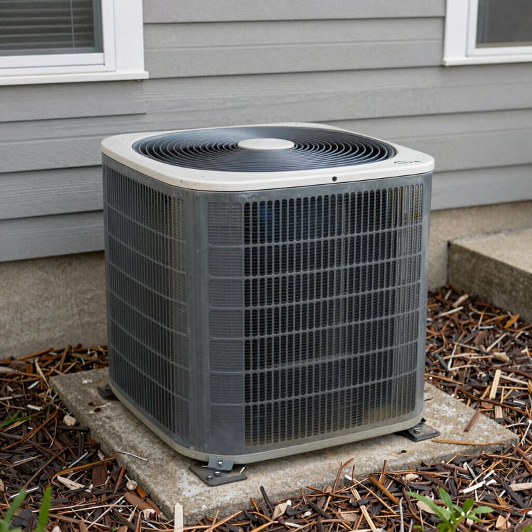 An outdoor air conditioning condenser unit installed on a concrete pad next to a North American / US home, surrounded by mulch.