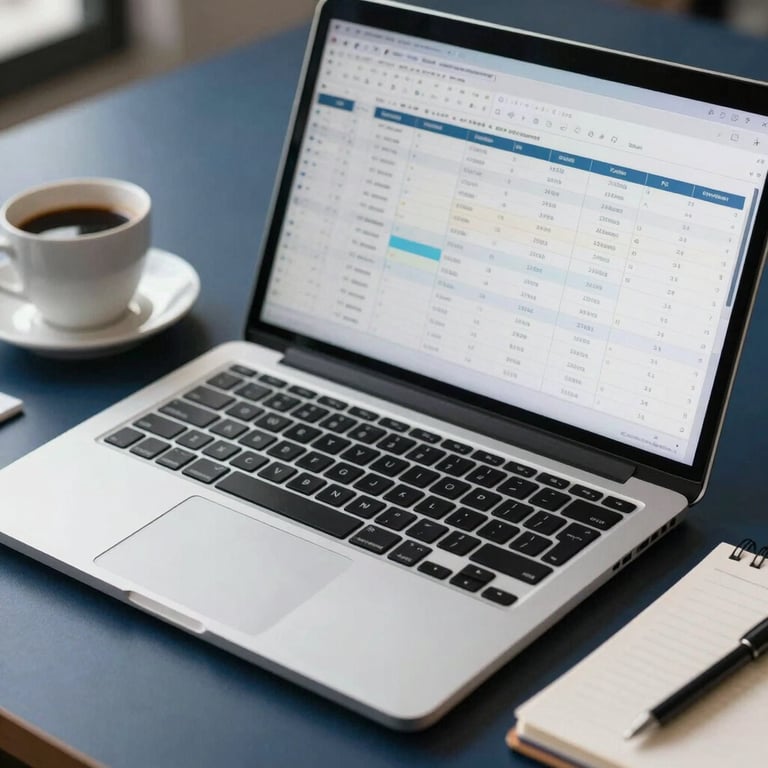 A close-up of a modern workspace with a laptop displaying a clean financial spreadsheet, a cup of coffee, and a neat notebook. Soft professional morning light, sharp focus, with dark navy blue and light gray-blue accents.