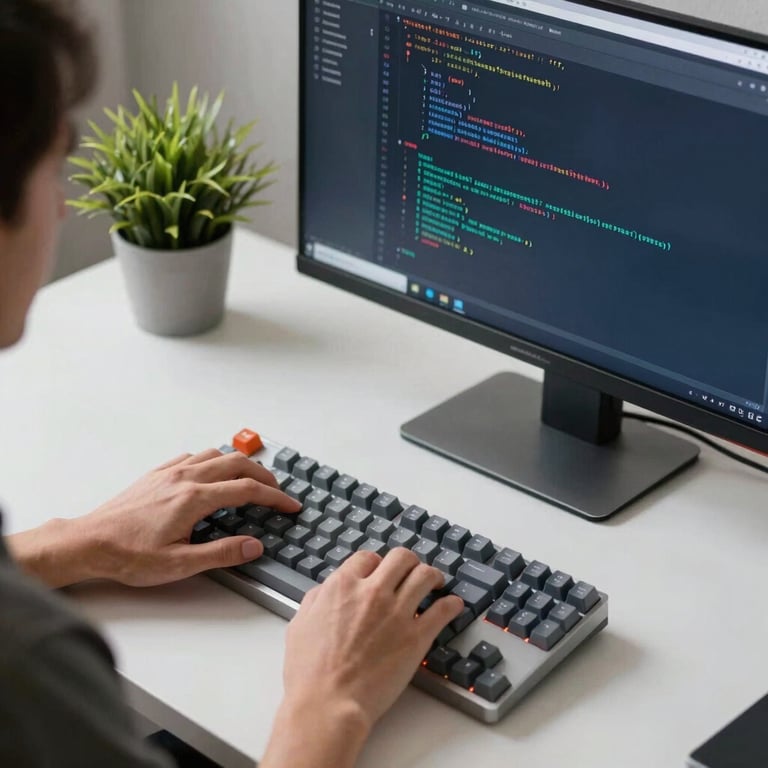 Over-the-shoulder view of a software developer's hands typing on a mechanical keyboard with clean lines of e-commerce code visible on a crisp high-resolution monitor. Modern desk setup with a small green plant, lit by soft desk lamp. Deep navy blue, white, and teal colors.