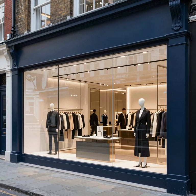 A sleek, modern high-end boutique storefront in London, with reflections of a bustling street on the clean glass window. Soft afternoon light, high-tier global enterprise vibes, with navy blue and clean white aesthetics.