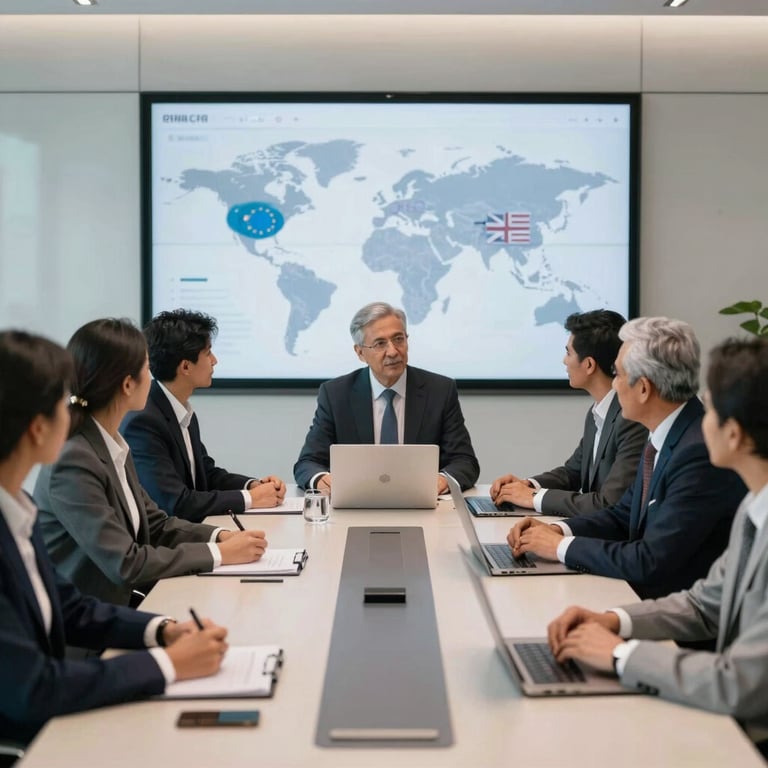 A professional business meeting in a high-tech conference room with global partners. A sleek digital display in the background showing blurred modern CRM charts. Clean composition, professional lighting. Global (USA, UK, Europe, Gulf) and South Asian corporate teamwork.