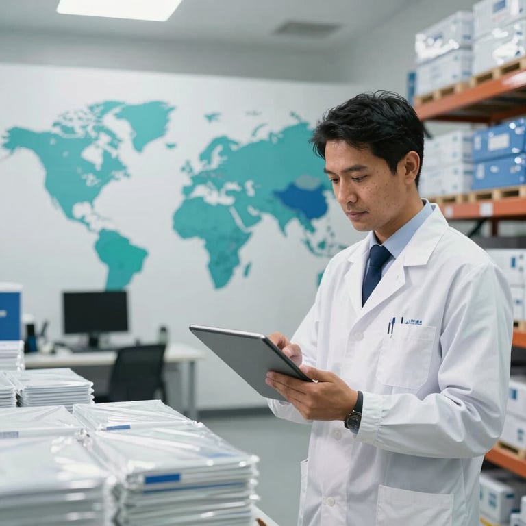 A photograph of a modern medical logistics warehouse with a sleek office space in the background. A professional in clean attire is managing inventory on a tablet. Colors of clean white, deep blue, and teal. Global (USA, UK, Europe, Gulf) and South Asian context.