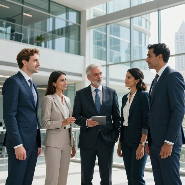 A diverse group of corporate professionals in a modern glass-walled office in Dubai celebrating a successful project completion. Sophisticated business attire, bright and reliable professional mood, featuring deep navy blue and teal tones. Global (USA, UK, Europe, Gulf) and South Asian collaboration.