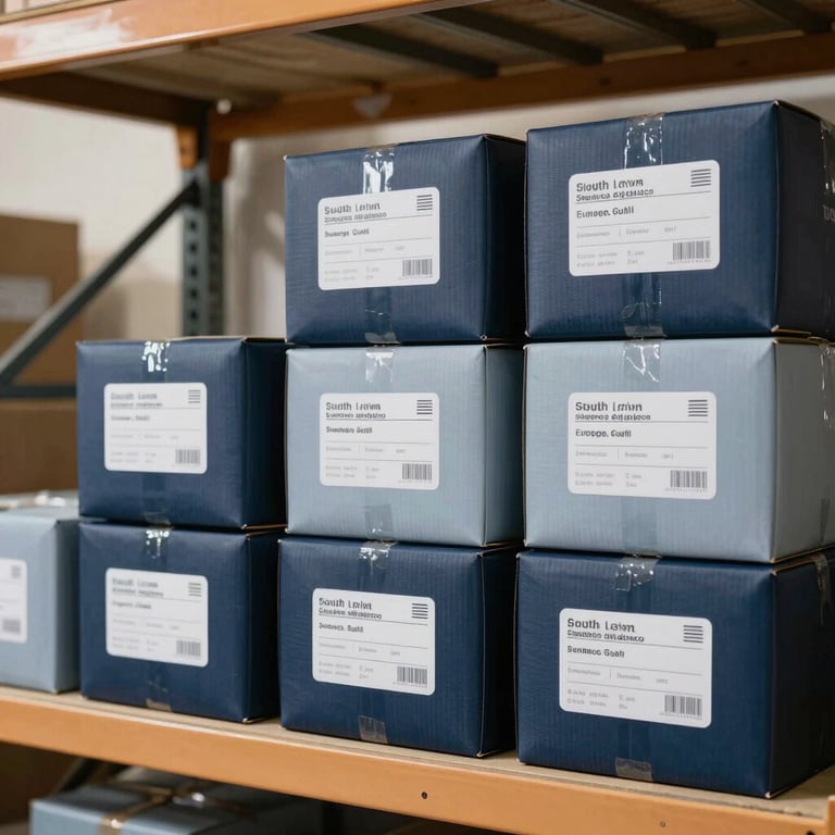 A modern warehouse setting showing retail packages with shipping labels ready for delivery. Warm overhead lighting, clean environment, featuring dark blue and light gray-blue tones. Global (USA, UK, Europe, Gulf) and South Asian supply chain efficiency.