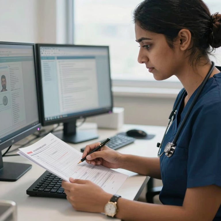 A close-up photograph of a professional healthcare administrator in a bright office in the USA reviewing medical records on a dual-monitor setup. Natural lighting, deep navy blue and soft white colors dominate. Global (USA, UK, Europe, Gulf) and South Asian professional collaboration style.