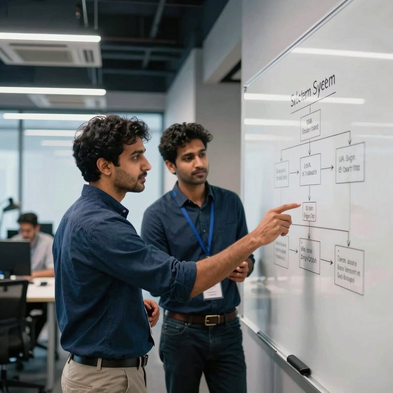 A collaborative tech environment with two software engineers in a modern Islamabad office discussing a system architecture on a clear whiteboard. Sleek corporate aesthetic, professional lighting, with deep blue and soft white colors. Global (USA, UK, Europe, Gulf) and South Asian technical synergy.