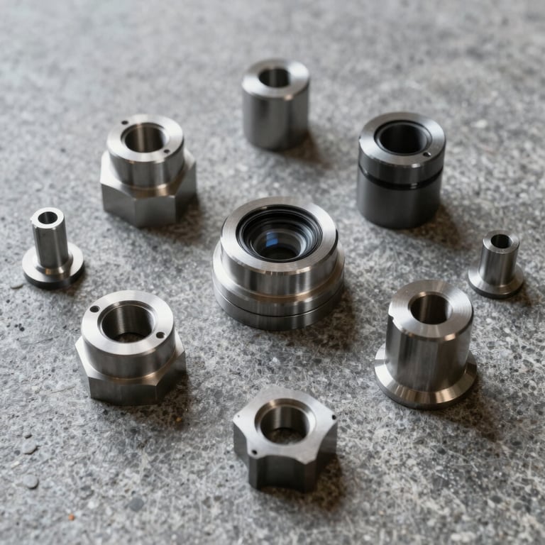 Artistic composition of various CNC machined components on a gray stone surface.