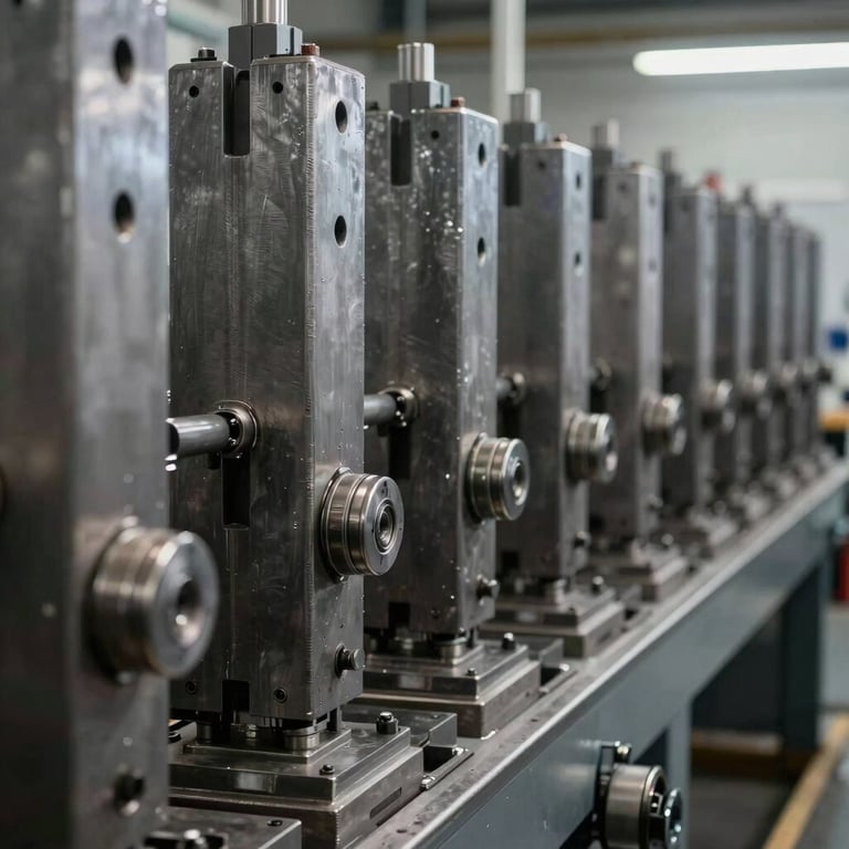 A rows of industrial metal stamping molds in a clean, high-tech storage area.