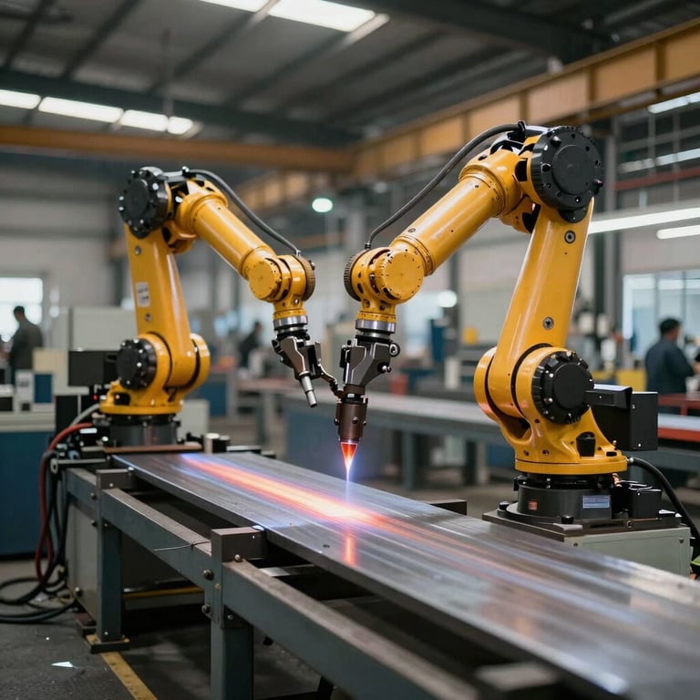 Wide view of a robotic arm performing sheet metal bending in a modern factory.