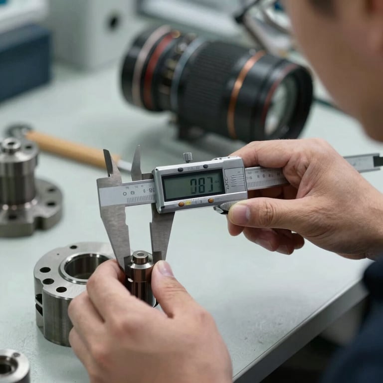 Professional quality inspector checking tolerances on a hardware part using a digital caliper.