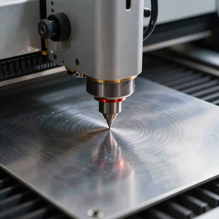 Close-up of a laser cutting machine beam engraving a sheet of brushed steel.