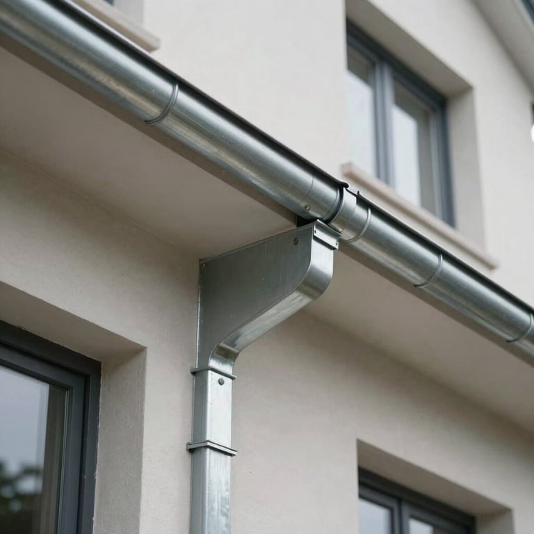 Detail of professional zinc gutter installation on a modern French residential building.