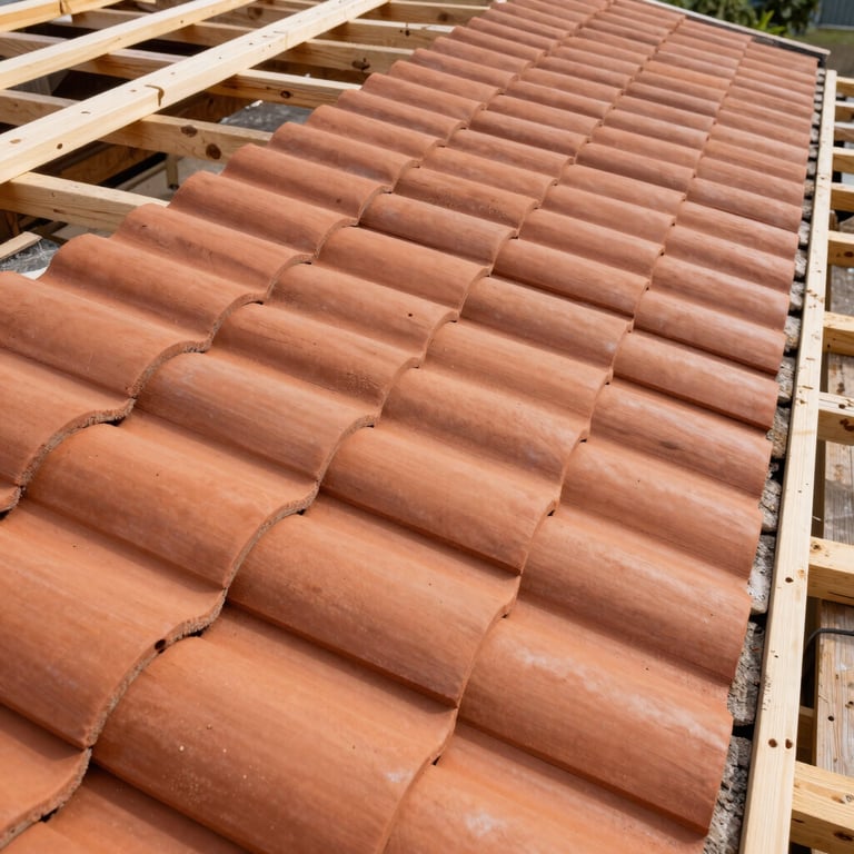 Clean, uniform rows of new terracotta tiles being installed on a timber frame roof structure.