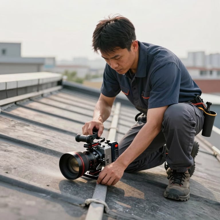 A roofing specialist performing a leak search on a flat terrace roof using professional equipment.