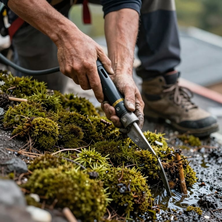 A roofer applying a protective treatment after a professional moss removal service.