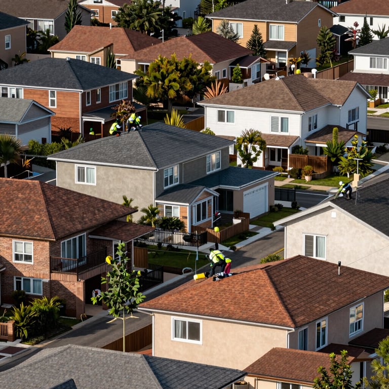 Panoramic view of a residential neighborhood showing diverse roofing types handled by experts.