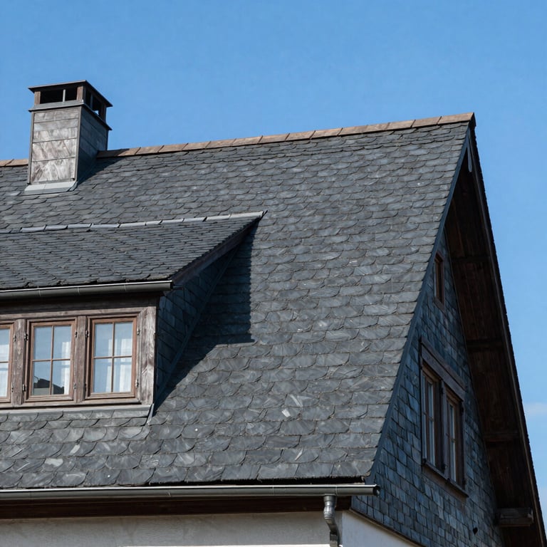 A perfectly finished slate roof on a traditional Western European house under a bright blue sky.