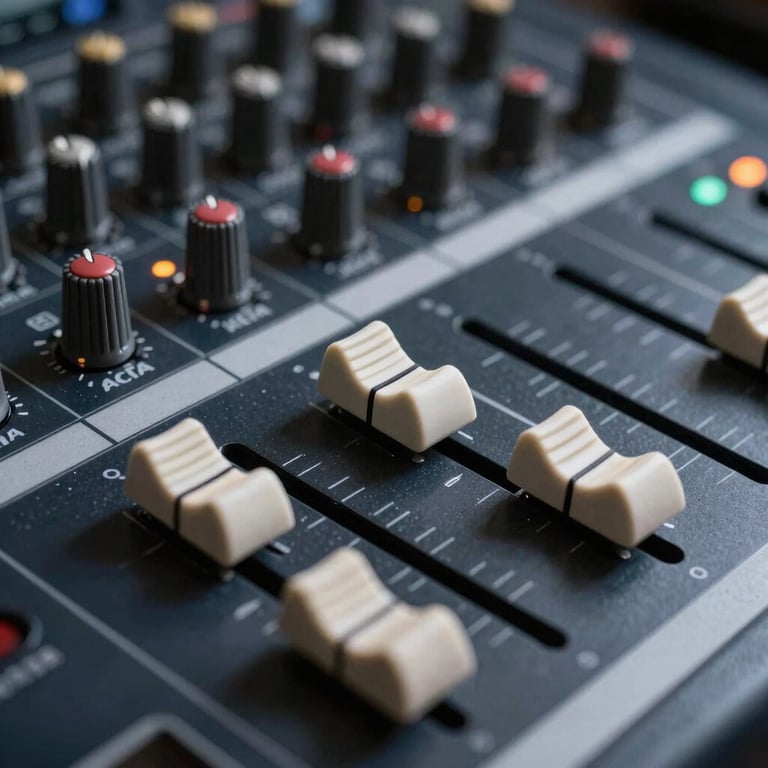 Detailed macro shot of a sound mixing board with glowing faders in a dark charcoal navy environment.