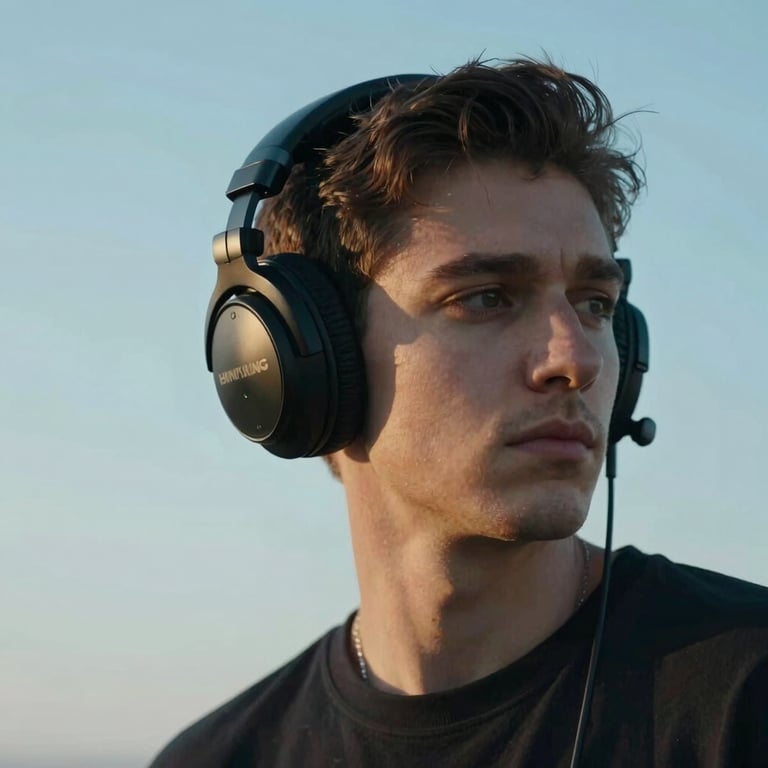 A candid photograph of a musician wearing professional headphones, lost in thought, bathed in soft sky blue light.
