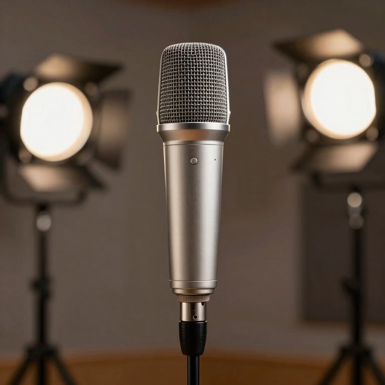 A sleek silver microphone standing in a professional vocal booth with soft-focus studio lights in the background.