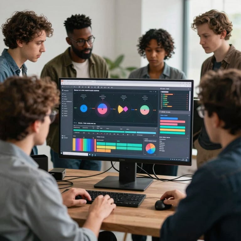 A group of diverse creative professionals collaborating around a large digital monitor displaying music analytics.