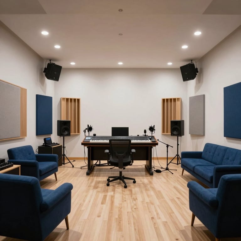A wide shot of a brightly lit, modern music studio with ghost white walls and deep blue accents on the furniture.